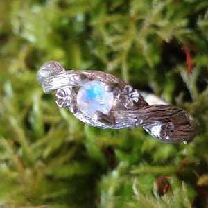 Moonstone Twig Ring, Nature Inspired with Flowers on the Branch, branch ring, gold ring, silver ring, engagement ring.