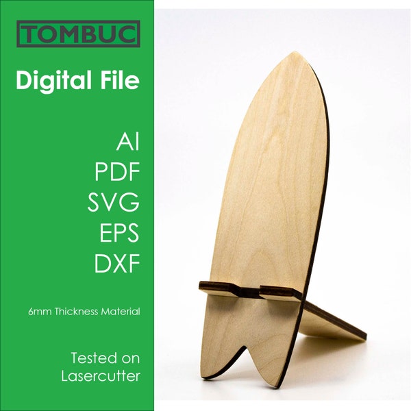 Surfboard Shaped Phone Stand SVG File, Gift for Surfer, decoration. DXF file. Tested on lasercutter with 6mm material. Commercial License