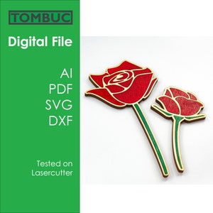 Peut inclure: Deux roses en bois rouge avec des tiges vertes. La plus grande rose est à l'arrière-plan et la plus petite rose est au premier plan. Les roses sont sur un fond blanc. Fichier numérique : AI, PDF, SVG, DXF. Testé sur découpeuse laser.