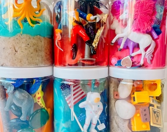 Play Dough Sensory Jars, Mini Sensory Kits, Play dough to go, sensory kits, party favors