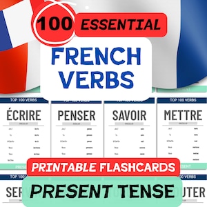 100 wichtige Französische Verb Karteikarten | Französisch Vokabeln Geschenk, Ausdruckbare Karte, Konjugation Sprachenlernen, Klassenzimmer Kartei