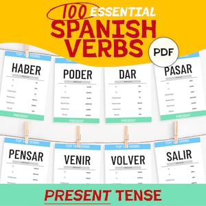 100 Flashcards de verbos en español esenciales / Vocabulario en español presente, tarjeta flash imprimible, aprendizaje de idiomas de conjugación, tarjeta flash en el aula