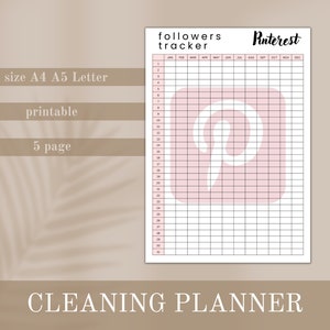 May include: Printable Pinterest follower tracker with a pink Pinterest logo and a grid for tracking followers by month. The tracker is available in A4, A5, and Letter sizes.