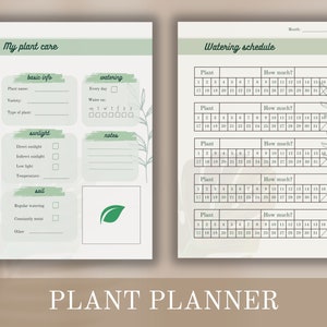 May include: Printable plant care planner with a green leaf design. The planner includes sections for basic info, sunlight, soil, watering, and notes. It also has a watering schedule with a calendar grid for each plant.