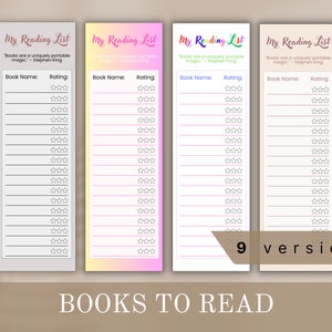Bücher zum Lesen als PDF | Druckbare Lesezeichen | Bearbeitbar in Canva | Lesezeichen mit Liste der zu lesenden Bücher | Leseprotokoll | Buchprotokoll | Bücher zum Lesen