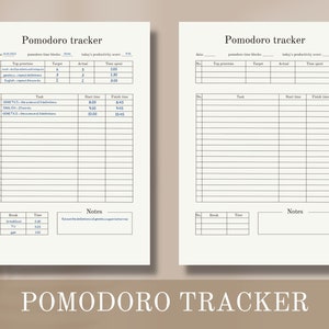 May include: A black and white printable Pomodoro tracker with sections for top priorities, tasks, breaks, and notes. The tracker includes columns for target, actual, time spent, start time, finish time, break, and time.