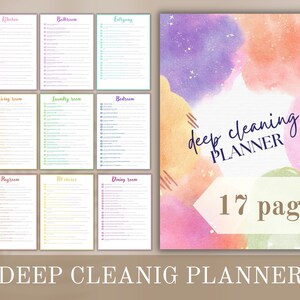 Puede incluir: Un planificador de limpieza profunda imprimible de 17 páginas. El planificador está diseñado con un fondo de acuarela en tonos de rosa, morado, naranja y verde. El texto "deep cleaning planner" está escrito en cursiva negra.