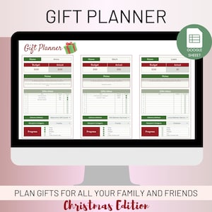 May include: A digital planner for organizing Christmas gifts. The planner has three sections, each with a name, budget, actual amount spent, notes, gift ideas, delivery method, recipient category, and progress. The planner is titled "Gift Planner" and has a green and red gift box icon. The planner is labeled "Google Sheet".