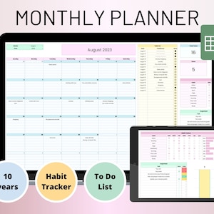 Monthly planner spreadsheet Monthly Calendar Google Sheets Digital Calendar 10 years calendar Monthly template Google Calendar Schedule