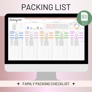 Travel packing list spreadsheet, Google sheet travel checklist, Packing list spreadsheet, Vacation pack list spreadsheet, Family Packing