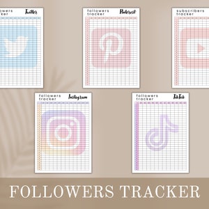 May include: A printable social media followers tracker with grids for tracking followers on Twitter, Pinterest, YouTube, Instagram, and TikTok. Each grid has a corresponding social media logo in the center.