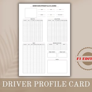 Driver profile card | Formula One Journal | F1 points tracker | Formula 1 print | F1 printable planner | Printable Formula 1 journal