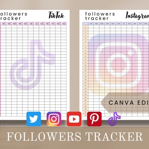 May include: Printable follower tracker for TikTok and Instagram. The tracker is a grid with 31 rows and 12 columns. The TikTok logo is a white musical note on a purple background. The Instagram logo is a white camera icon on a pink, orange, and yellow background. The text "CANVA EDITABLE" is at the bottom of the Instagram tracker.
