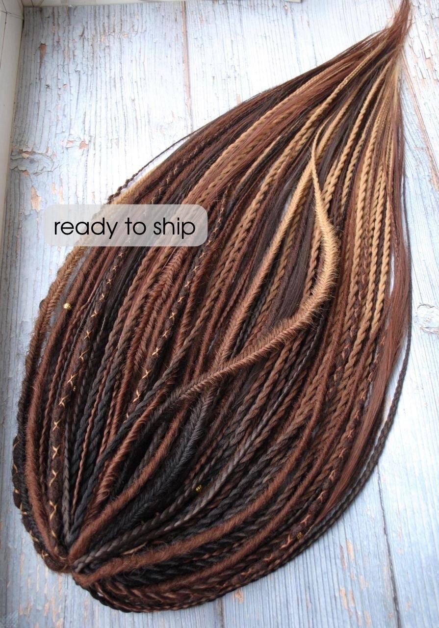 Natural look shades of brown mix dreadlocks extensions | Black brown Mix synthetic double ended dreadlocks extensions