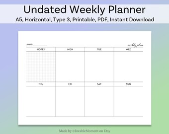 A5 Planner Pad - Weekly | Horizontal/ Undated Weekly Planner/ Simple Weekly Planner/ 1Page1Week/ Type 3/ Printable PDF/ Instant Download/