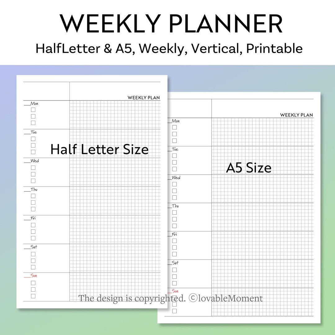 Printable Undated Weekly Planner | A5 Size Weekly Planner | Halfletter ...