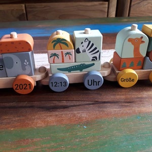 Wooden train Safari children&#39;s toy personalized with birth or baptism dates