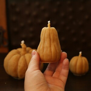 May include: Three small, brown, pumpkin-shaped candles. The candle in the center is being held by a hand.