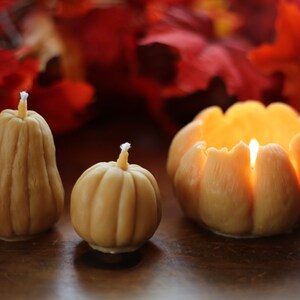 May include: Three decorative pumpkin-shaped candles, two are off and one is lit, on a wooden surface with a blurred background of red fall leaves.