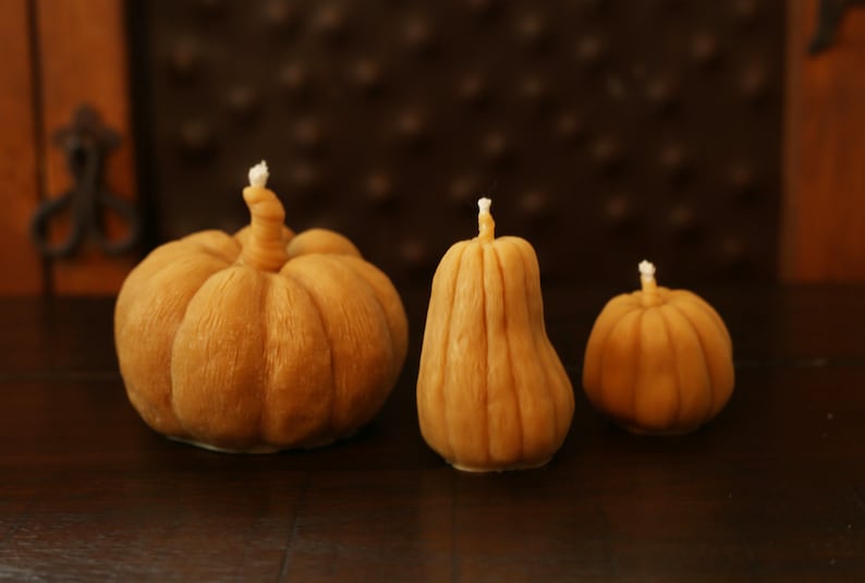 May include: Three hand-crafted pumpkin-shaped candles in various sizes. The candles are made of a light brown wax and have a simple, rustic design.