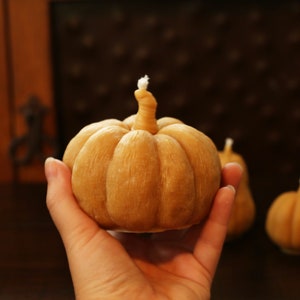 May include: A hand holds a brown, pumpkin-shaped candle with a white wick. Two smaller, similar candles are in the background.