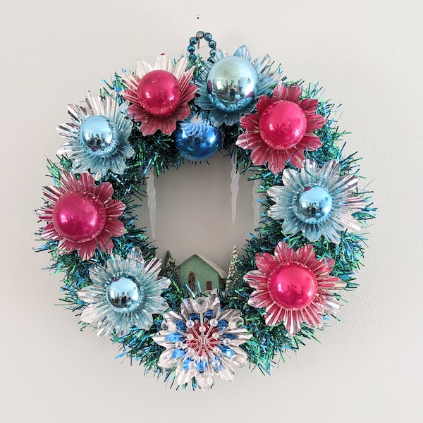 Handmade 14" Christmas Vintage Tinsel Wreath with Putz House In Pink and Blue Tones