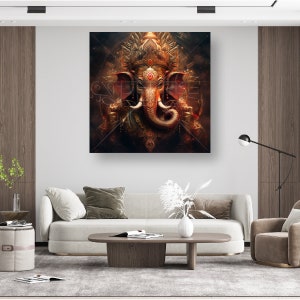 May include: A digital painting of the Hindu deity Ganesha, depicted as an elephant with a human body. He is adorned with gold jewelry and a crown, and his trunk is raised in a blessing gesture. The background is a dark, swirling pattern of red and gold.