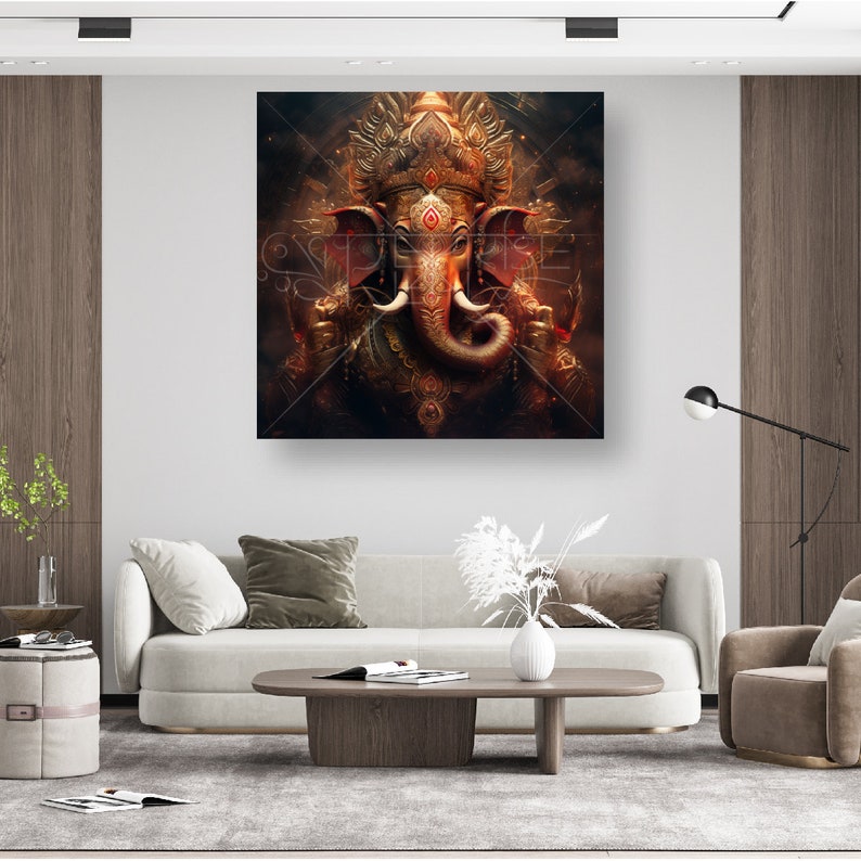 May include: A digital painting of the Hindu deity Ganesha, depicted as an elephant with a human body. He is adorned with gold jewelry and a crown, and his trunk is raised in a blessing gesture. The background is a dark, swirling pattern of red and gold.