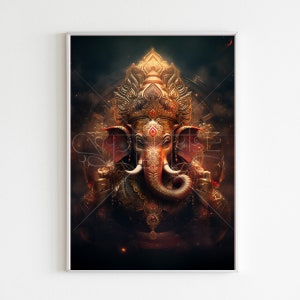 May include: A digital illustration of the Hindu deity Ganesha, depicted with a golden crown and ornate jewelry. The background is a dark, smoky, and textured.