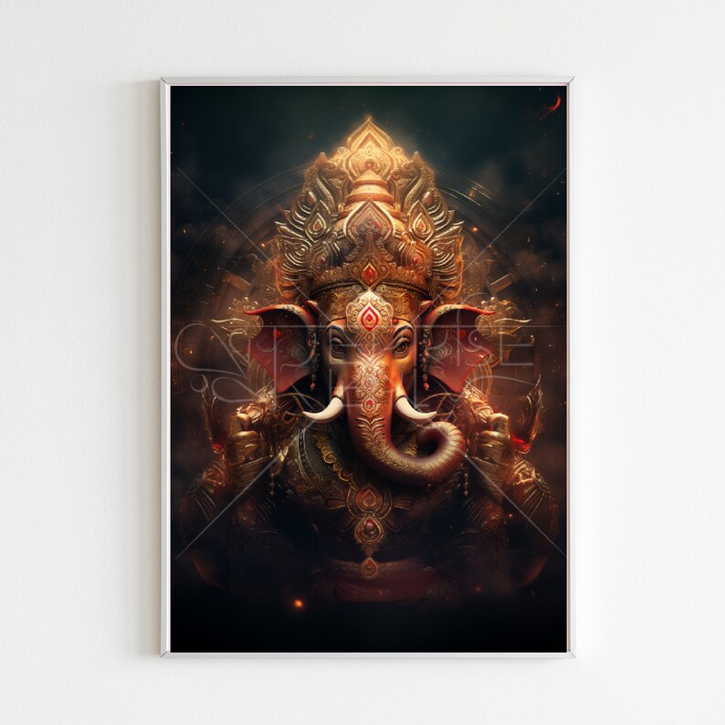 May include: A digital illustration of the Hindu deity Ganesha, depicted with a golden crown and ornate jewelry. The background is a dark, smoky, and textured.