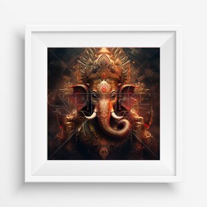 May include: A digital illustration of the Hindu deity Ganesha, depicted with a golden elephant head, red and gold decorations, and a dark background.