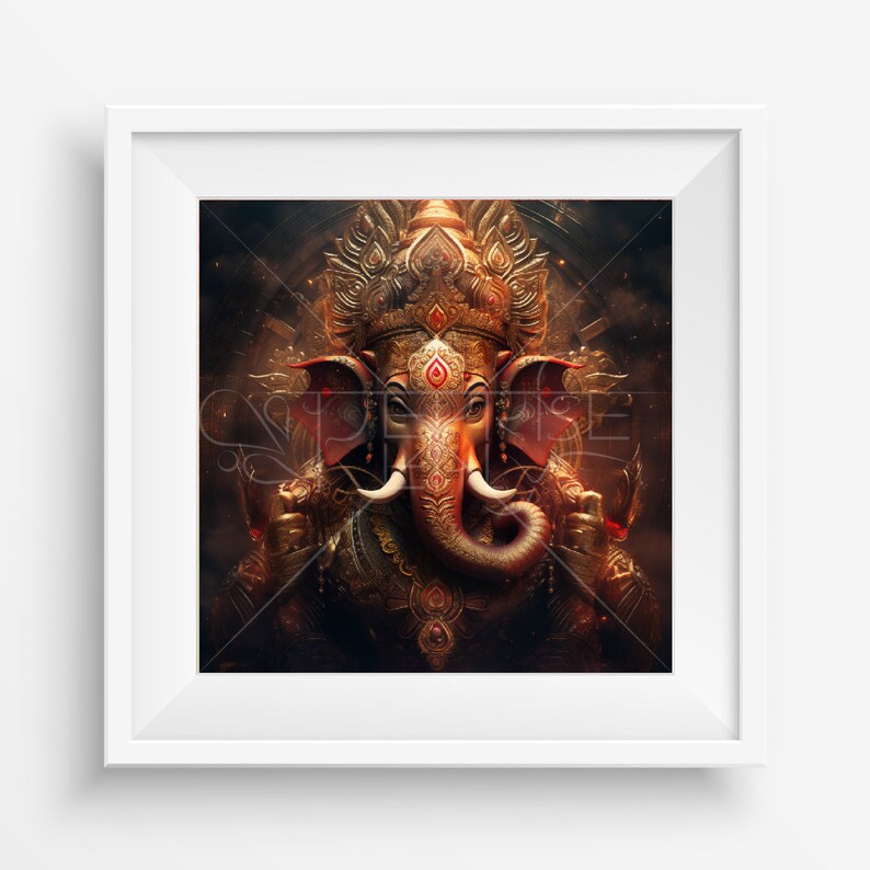 May include: A digital illustration of the Hindu deity Ganesha, depicted with a golden elephant head, red and gold decorations, and a dark background.