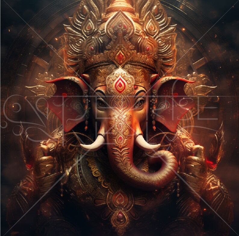 May include: A detailed depiction of the Hindu deity Ganesha, with a golden crown, red ears, and a large, intricately decorated trunk. The background is a dark, smoky swirl with hints of gold.
