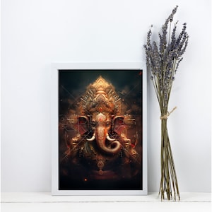 May include: A framed print of a colorful, detailed illustration of the Hindu deity Ganesha. The image features Ganesha with a golden crown and intricate jewelry, set against a dark background with swirling patterns.