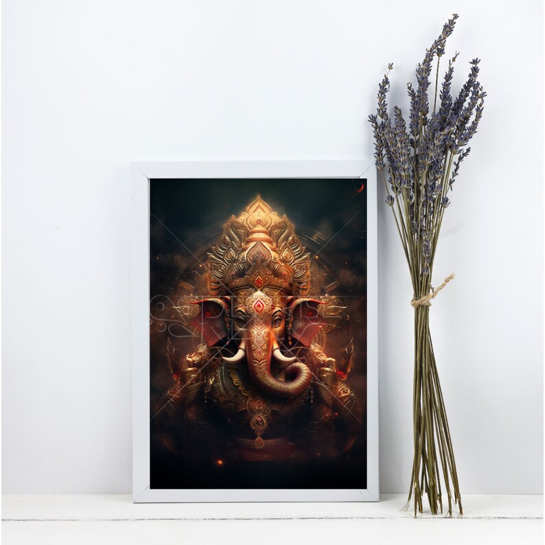 May include: A framed print of a colorful, detailed illustration of the Hindu deity Ganesha. The image features Ganesha with a golden crown and intricate jewelry, set against a dark background with swirling patterns.