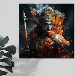 May include: A digital painting of a warrior with blue skin, wearing a golden crown and armour, holding a spear. The warrior is surrounded by orange and yellow flowers and smoke.
