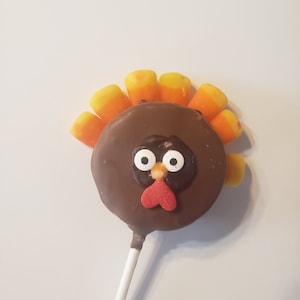 May include: A chocolate-covered turkey-shaped cake pop with candy corn feathers, white chocolate eyes, and a red heart beak on a white stick.