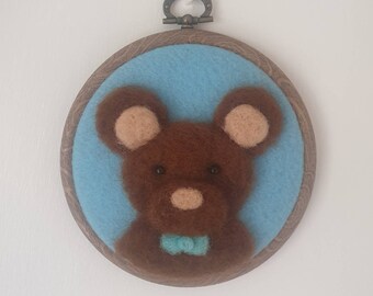 Teddy Bear Needle Felted Embroidery Hoop Picture