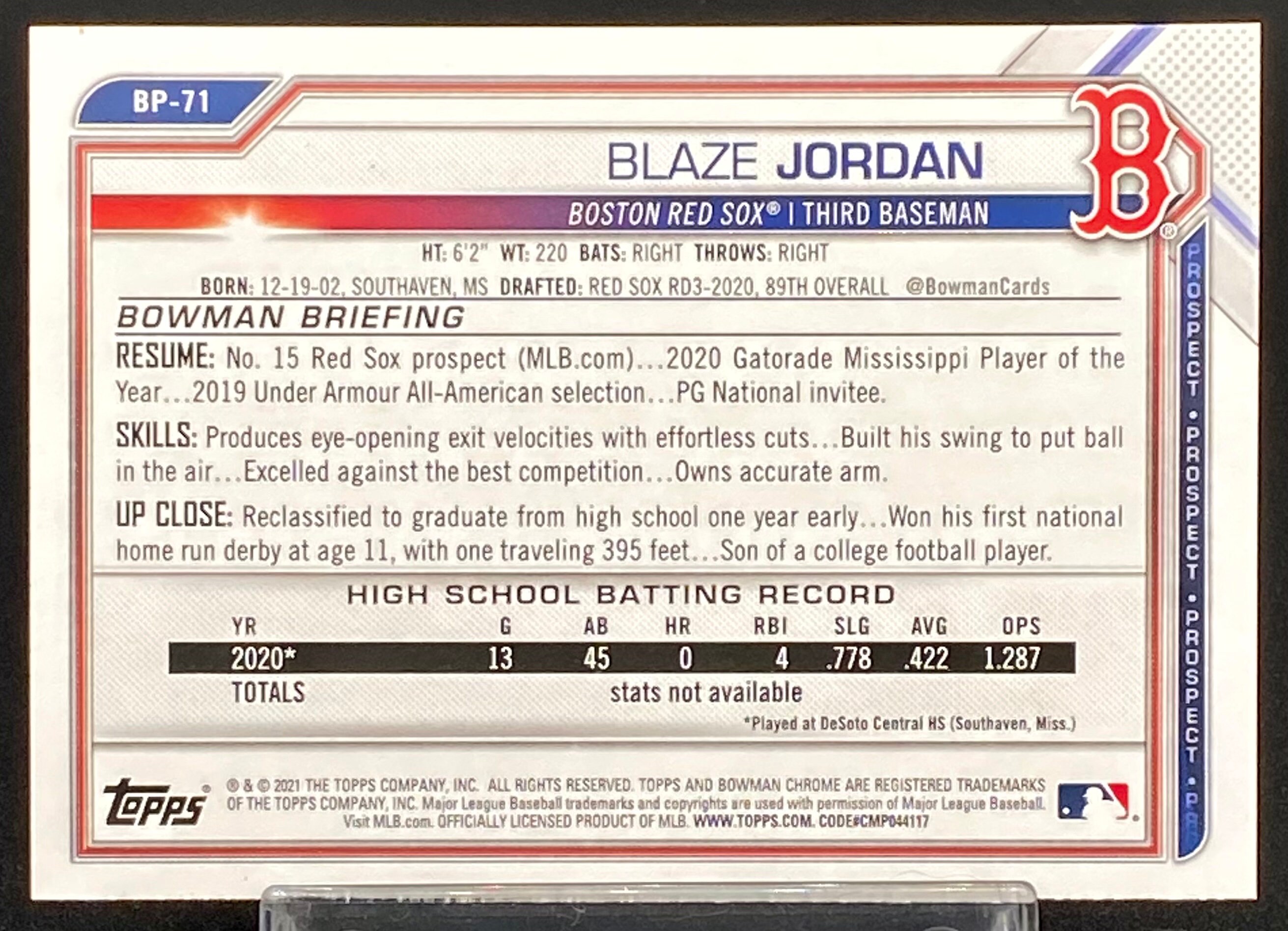 ORIGINAL Blaze Jordan Boston Red Sox Bowman Prospects Rookie