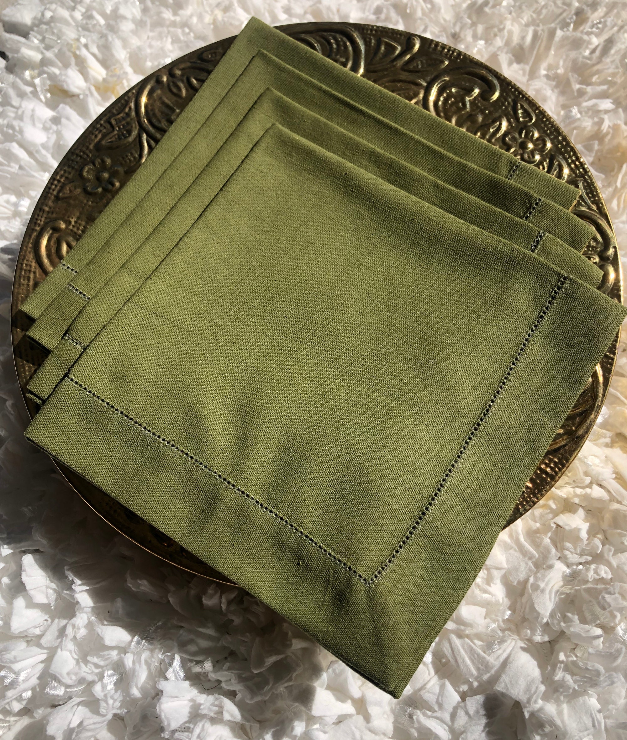 Olive Green Linen Napkins Set of 4 Hemstitch Border Etsy