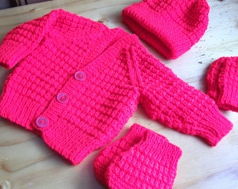 Hand Knitted Cardigan, Hat, Mittens and Bootees for Baby Boy 0 - 3 months