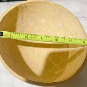 May include: A light brown, round, wooden bowl with a diameter of 6 inches. The bowl is made of natural wood and has a rustic, handmade look.