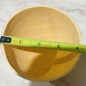 May include: A light brown, round, gourd bowl with a diameter of approximately 3 inches. The bowl is made from a natural material and has a smooth, slightly textured surface.