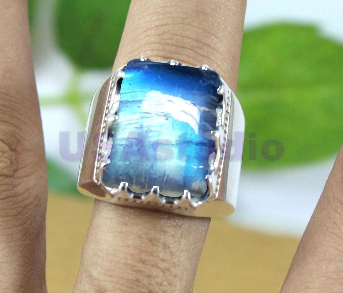 Rainbow Moonstone Ring Mens Gemstone Ring Solid 925 Sterling Etsy