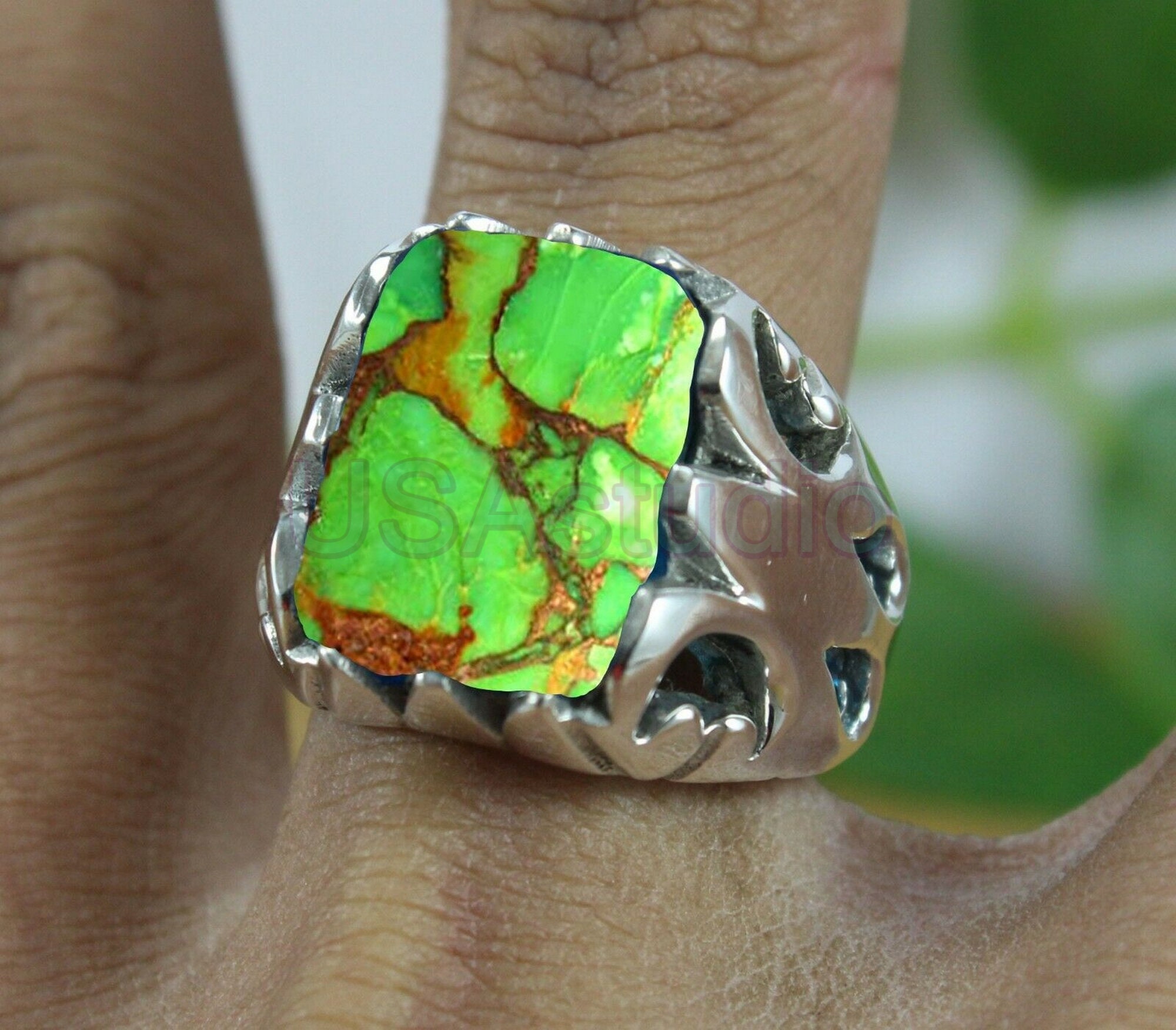 Green Copper Turquoise Ring Mens Designer Ring Handcrafted Etsy