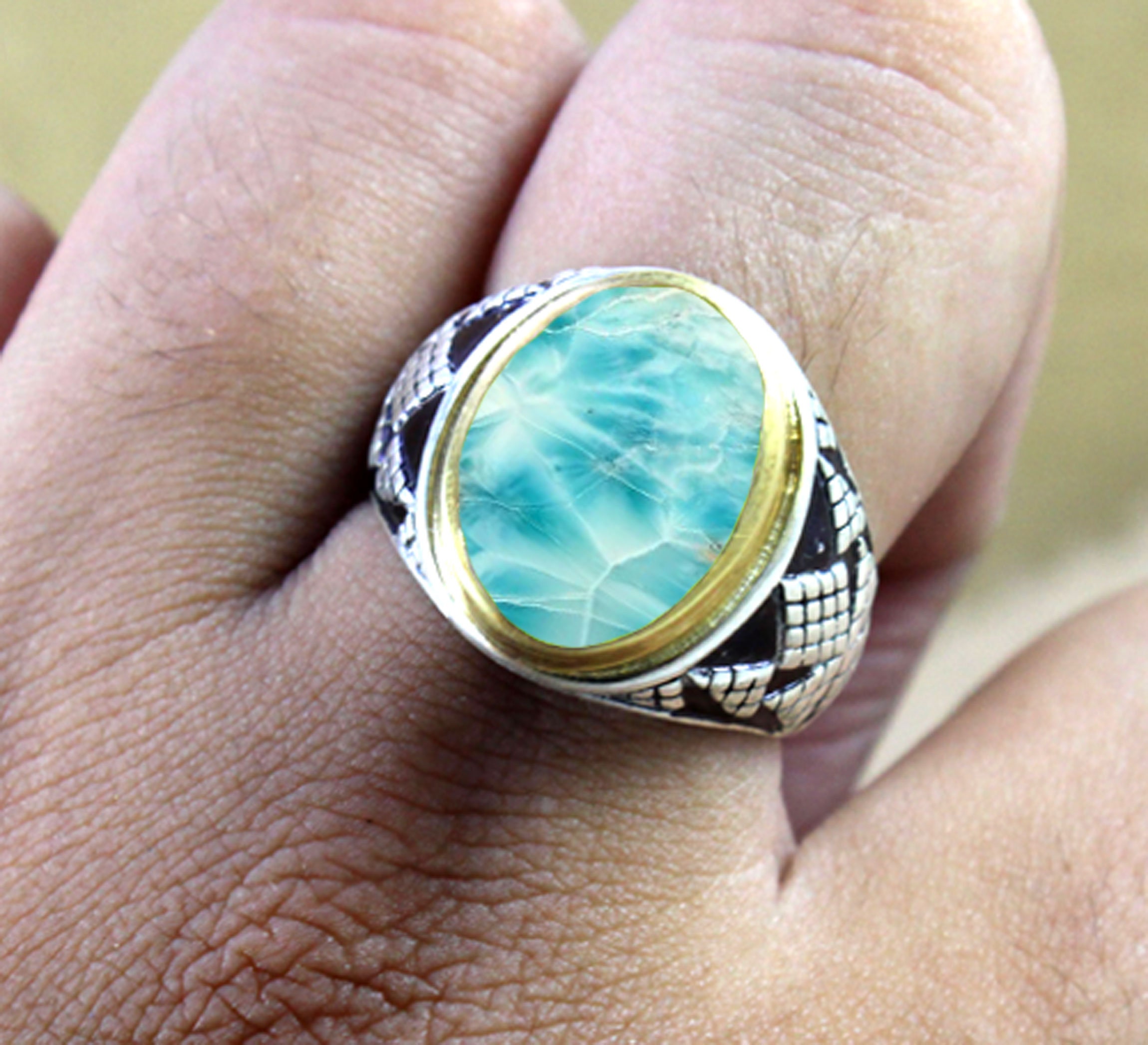 Dominican Larimar Mens Gemstone Ring Mens Statement Ring Etsy