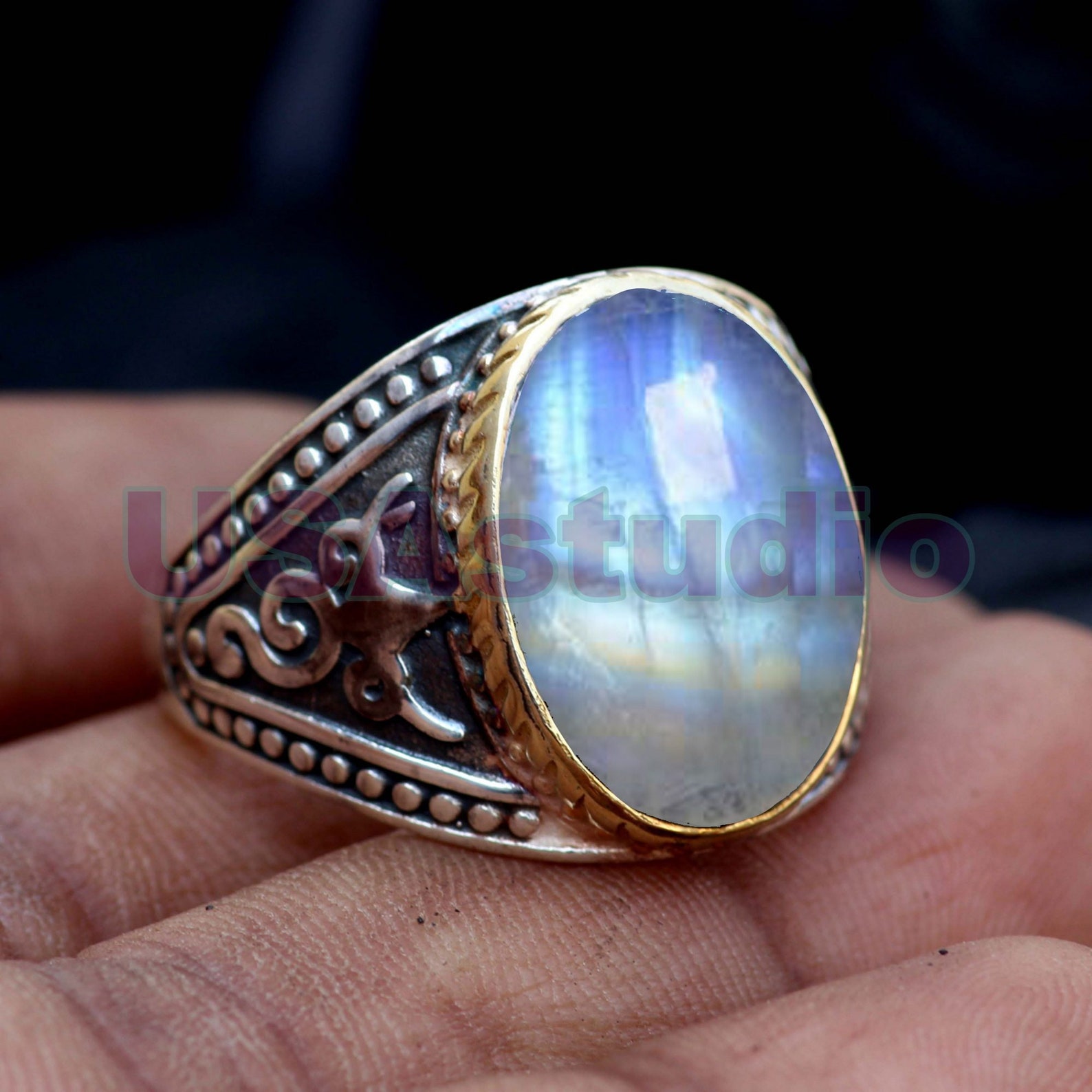 Rainbow Moonstone Ring 925 Sterling Silver Ring Mens Ring Etsy