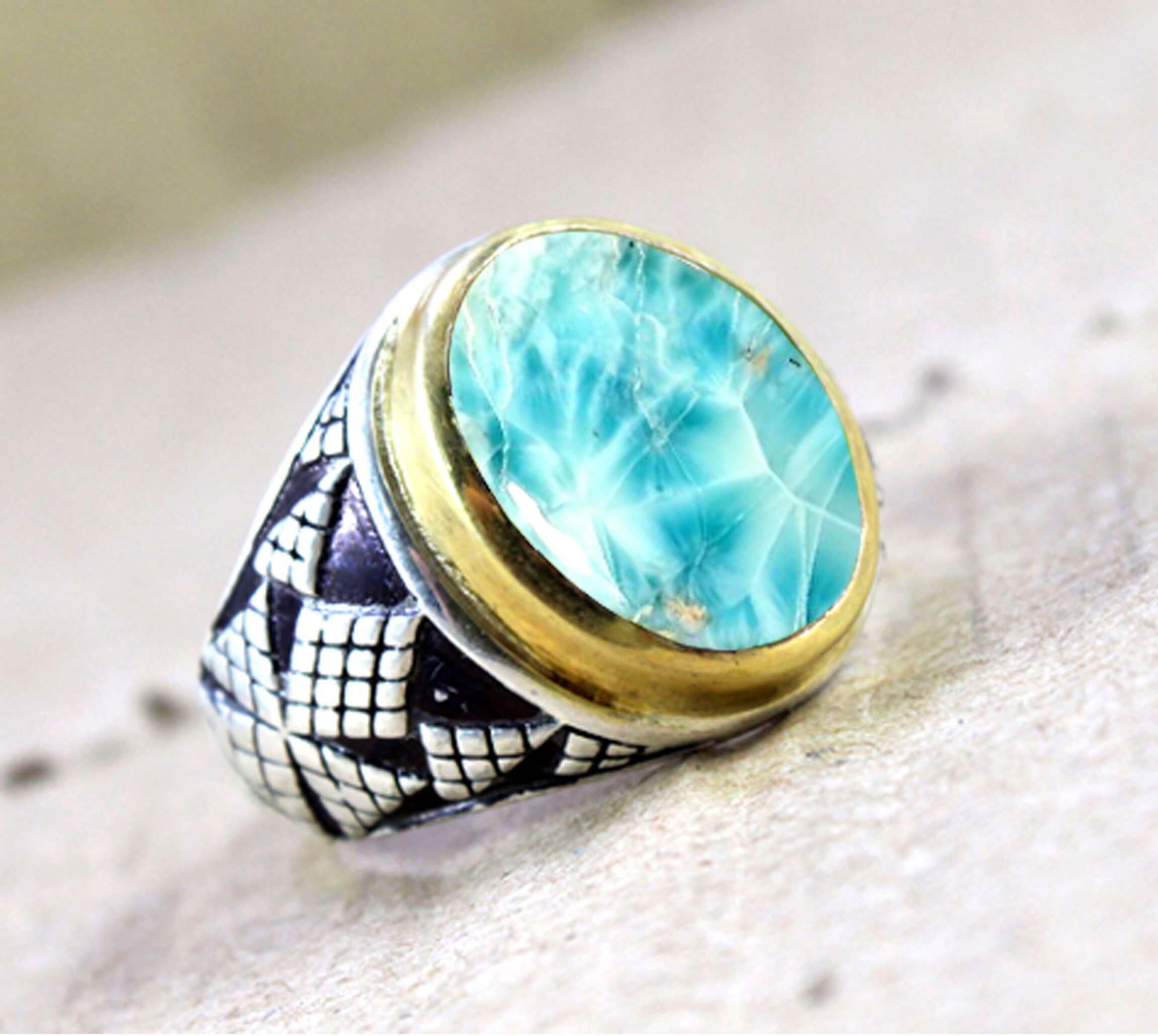 Dominican Larimar Mens Gemstone Ring Mens Statement Ring Etsy