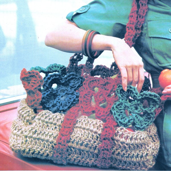 Large Jute Tote Downloadable PDF Pattern Flowered Bag Vintage Crochet pattern