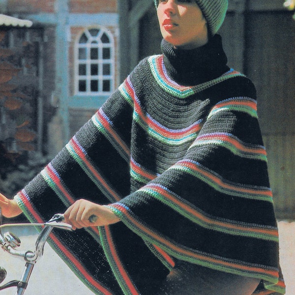 crochet poncho with knit cowl PDF pattern warm poncho vintage crochet pattern